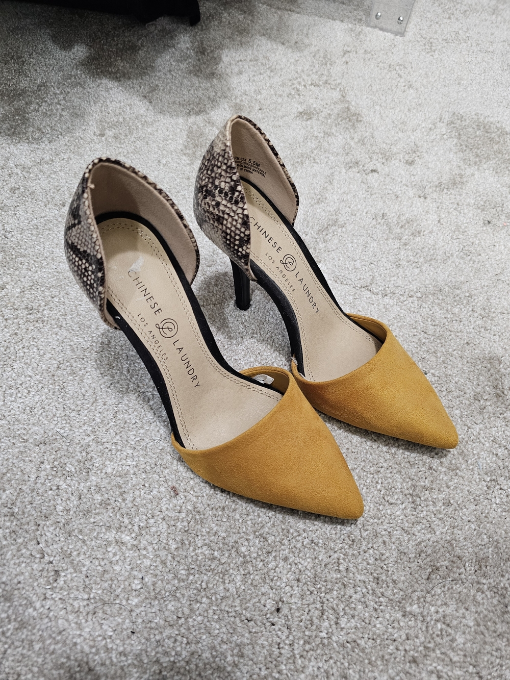 Chinese Laundry Mustard Suede D'Orsay Pumps with Snakeskin Heel